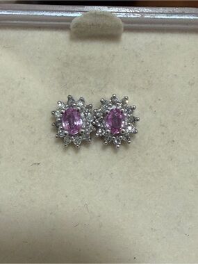 Natural Oval Pink Sapphire and Diamonds Cluster Flower Stud Earrings in 14K